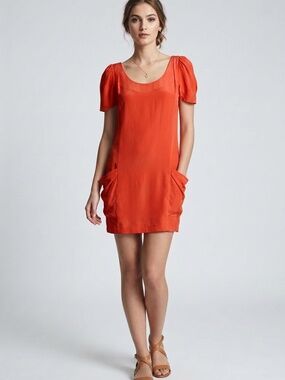 REISS size 0 mini dress orange / red short puff sleeves